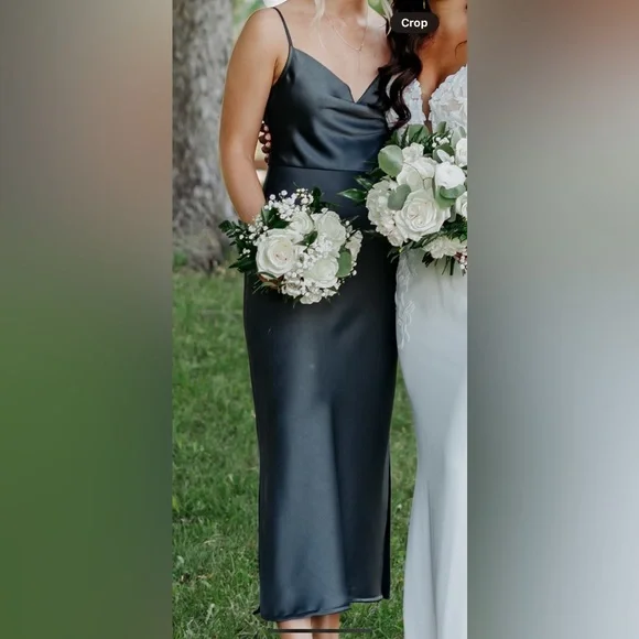 BHLDN CALI SATIN COWL-NECK MIDI SLIP DRESS- Elegant Dark Green Satin Dress - Picture 2 of 3